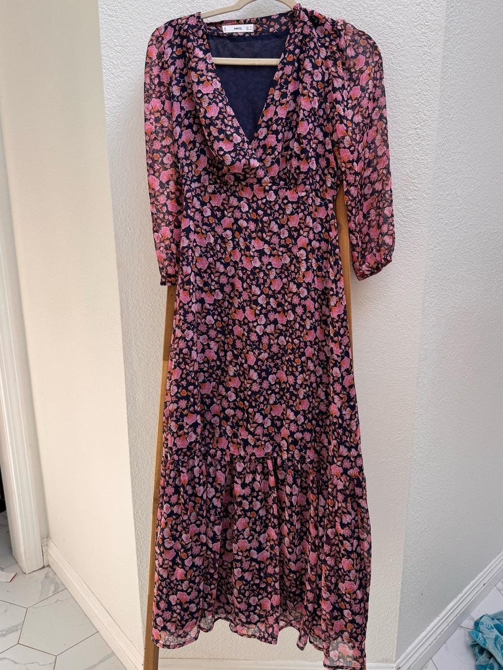 MNG Navy Maxi Dress with Pink and Peach Flowers V- Neck Long Sheer Sleeves SZ 2